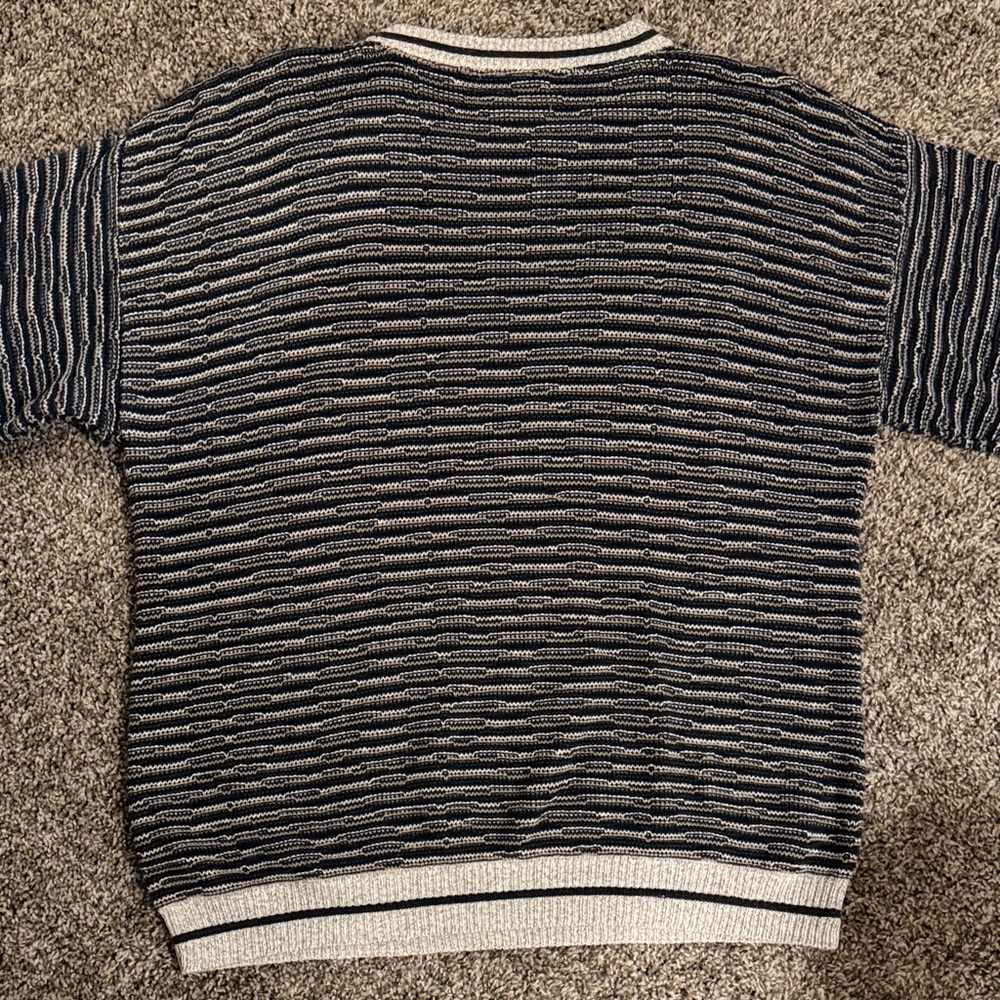 Striped Crewneck Knit Sweater Navy/Cream/Green 100% Cotton - Picture 5 of 8